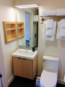 a bathroom with a toilet and a sink and a mirror at Heliotrope Hotel in Bellingham