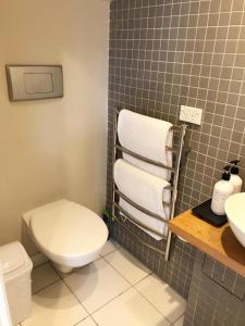 a bathroom with a toilet and a sink and towels at New Market Cozy Room in Auckland