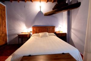 1 dormitorio con 1 cama y 2 mesitas de noche con 2 lámparas en La Boticaria Casa Rural Apartamento, en Descargamaría