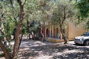 a car parked in front of a building with trees at Pefka Rooms in Mytilini +14 photos