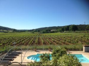 ロルグにあるMas Des Vignesの屋根からブドウ畑の景色