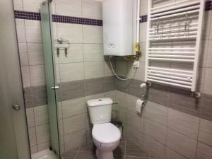 a small bathroom with a toilet and a window at Apartament u Magdy in Międzyzdroje