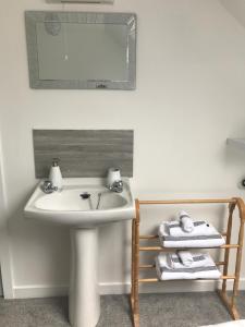 ein Badezimmer mit einem Waschbecken, einem Spiegel und Handtüchern in der Unterkunft Daedalus Bed & Breakfast in Muir of Ord