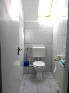 a white bathroom with a toilet and a window at Apartment Altorjai in Fonyód