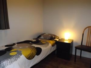 - une chambre avec un lit et une lampe sur une table dans l'établissement Vosseven 32 Geelgors, à Stramproy
