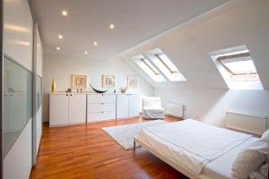 プラハにあるLuxury Penthouse Apartmentのベッドルーム1室(ベッド1台付)、天窓付きのキッチンが備わります。
