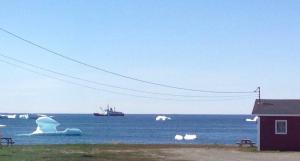 een ijsberg in het water met een schip in de verte bij Oceanside Cabins in Bonavista