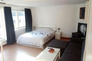 a living room with a bed and a couch at The coolest baby penthouse in Oostende in Ostend