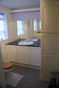 a bathroom with a sink and a toilet and a mirror at Lupine Cottage in Whitby
