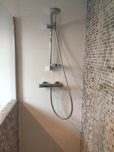 y baño con ducha con cabezal de ducha. en Gîtes du Montois en Genech
