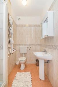 La salle de bains est pourvue de toilettes et d'un lavabo. dans l'établissement Apartments Vienna, à Zambratija