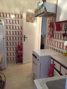 a kitchen with a refrigerator and a stove top oven at Vlastos Apartment in Kalamos