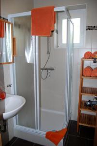 a bathroom with a shower and a sink at Appartementhaus Thermeneck in Laa an der Thaya