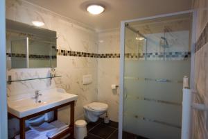 a bathroom with a sink and a toilet and a shower at Domaine des Lilas in Saint-Germain-Lembron +27 photos