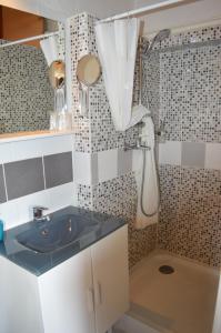 a bathroom with a sink and a shower at Chalet Saint Bernard in Montgenèvre +24 photos