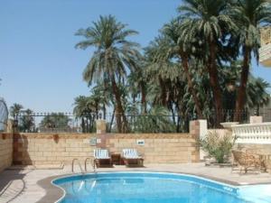 a swimming pool with two chairs and palm trees at Home Sweet Home Luxor Apartments in Luxor