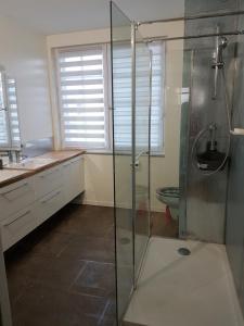 a bathroom with a glass shower and a sink at L'Atelier du Tailleur à 5 mn du Puy du Fou in Chambretaud +30 photos