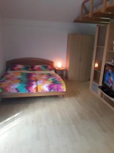 1 dormitorio con 1 cama con una manta colorida en Širovnik Apartment en Begunje na Gorenjskem