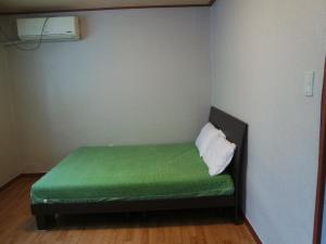 a small room with a green bed with a pillow at Sorak Garden Resortel in Sokcho