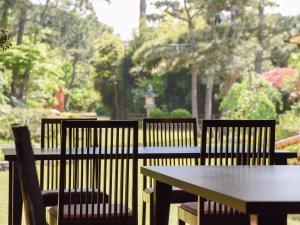three chairs and a table in front of a park at Hotel Hagoromo in Shizuoka