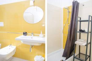two pictures of a bathroom with a sink and a mirror at La Casa del Riccio in Tindari +37 photos