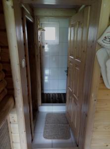 een kleine badkamer met een douche met een deur bij Sadyba Sukhar in Kolochava
