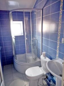 Baño de azulejos azules con aseo y lavamanos en Lime Guest House, en Adler