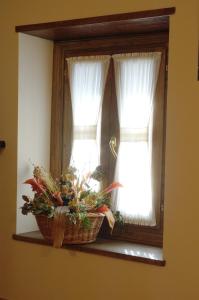 a window with a basket of flowers on a window sill at Apartamento el Hogar Casa Cajal in Torla