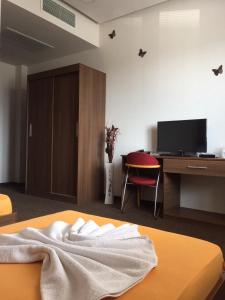 a bedroom with a bed with a desk and a television at Hotel Iris in Plovdiv