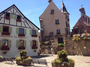 a couple of buildings with flowers in a courtyard at L'Hostellerie du Château in Eguisheim