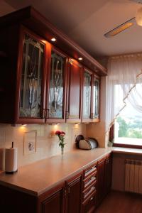 kuchnia z drewnianymi szafkami i wazonem kwiatów w obiekcie Grand Panorama w mieście Wiśniowa