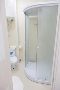 カザンにあるKolibri apartmentsのバスルーム(ガラス張りのシャワー、トイレ付)