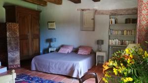 a bedroom with a bed and a book shelf at La vignolle in Saint-Amand-de-Coly
