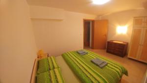 a bedroom with a green bed with a green blanket at Apartmaji Katrč in Soča