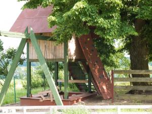a tree house with a slide in a tree at Pokoje Inulec in Inulec