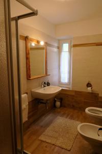 a bathroom with a sink and a mirror and a toilet at Appartamento Piller Roner Paola in Sappada