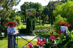 due vasi blu e bianchi con fiori in un giardino di Villa Minieri Resort & SPA a Nola