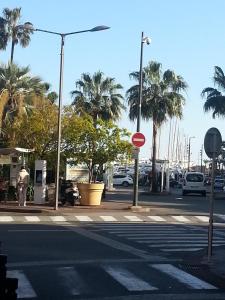 Una calle vacía con palmeras y una farola. en Cannes,croisette,palais des festivals,plages, en Cannes