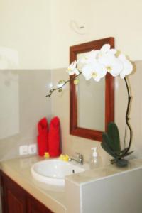 uma casa de banho com um lavatório, um espelho e uma flor em Amed Kunara Guest House em Amed
