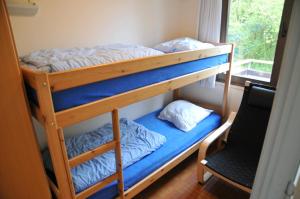 two bunk beds in a room with a window at Village de vacances Waulsort in Hastière-par-delà