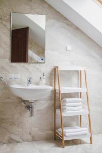 a bathroom with a sink and a mirror at Penzión Kúria in Nové Mesto nad Váhom