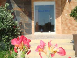 two pink flowers in a vase in front of a building at Bella Rosa hotel Cyprus in Coral Bay