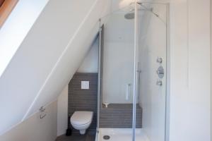a bathroom with a toilet and a shower stall at Noordwijk Holiday Rentals in Noordwijk