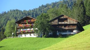 a building on a hill with flowers in front of it at Walcheggerhof in Innervillgraten