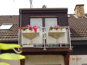 Un balcón con dos cajas de flores en un edificio en Ferienwohnungen Stollhof, en Mehring