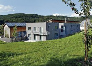 una casa en una colina con un campo verde en Youth Hostel Lultzhausen en Lultzhausen