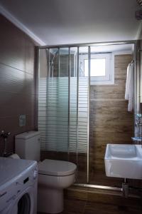 a bathroom with a toilet and a shower and a sink at Villa Kiza Apartments in Agia Triada