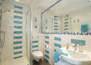 バンシンにあるFerienappartements Laguneのバスルーム(洗面台、トイレ、シャワー付)