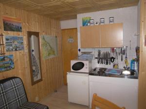 a kitchen with a stove and a white microwave at Bungalow am Schmollensee in Sellin