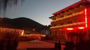 ヤゴディナにあるYagodina Family Hotelのクリスマスの灯りが目の前にある建物